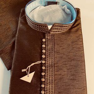 Raw Silk Dark Brown Men Kurta Pajama Set